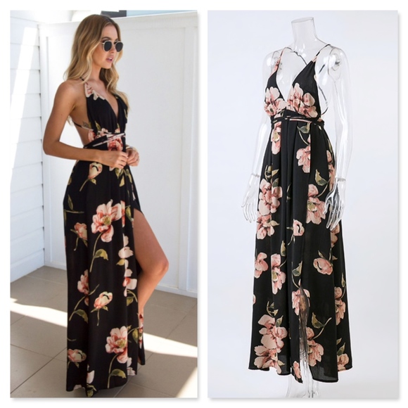 Boho Floral Backless Crisscross High Slit Dress - Picture 3 of 7